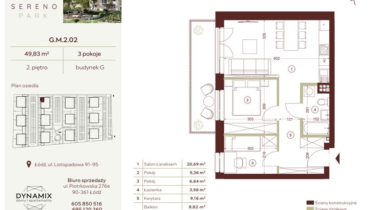 Rzut - Mieszkanie na sprzedaż 3 pokoje o powierzchni 49,83 m² - numer G.M.2.02 w Sereno Park