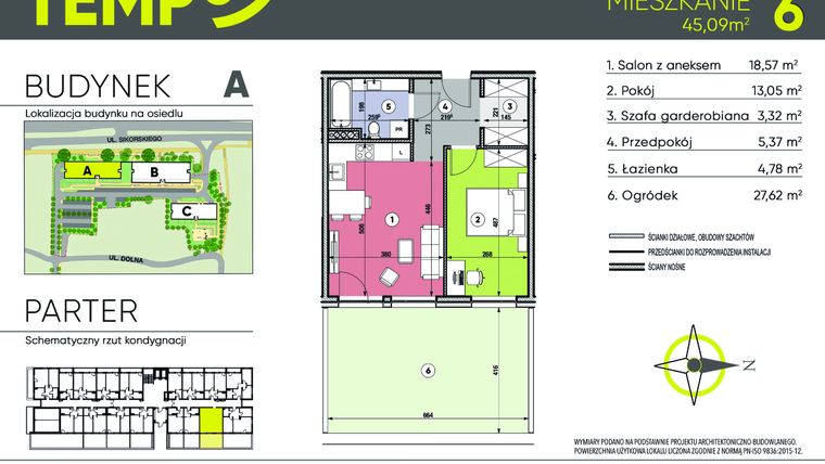 Rzut - Mieszkanie na sprzedaż 2 pokoje o powierzchni 45,09 m² - numer A6 w Osiedle TEMPO