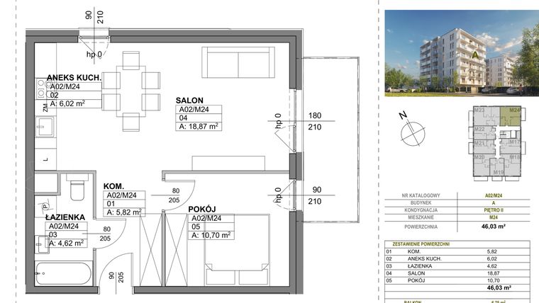 Rzut - Mieszkanie na sprzedaż 2 pokoje o powierzchni 46,03 m² - numer A00_M24 w Wierzbowy Park