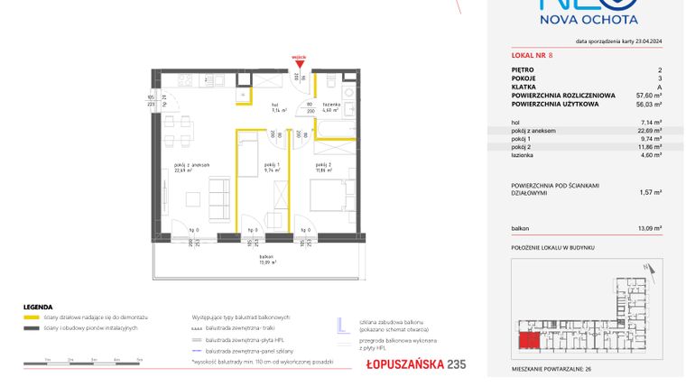 Rzut - Mieszkanie na sprzedaż 3 pokoje o powierzchni 57,6 m² - numer 8 w Neo Nova Ochota