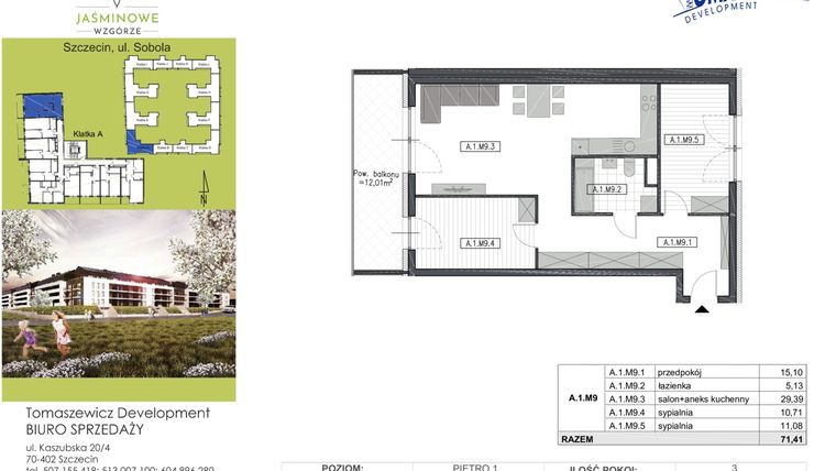 Rzut - Mieszkanie na sprzedaż 3 pokoje o powierzchni 71,41 m² - numer A1M9 w Jaśminowe Wzgórze