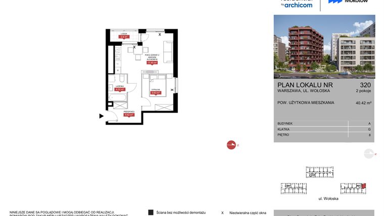 Rzut - Mieszkanie na sprzedaż 2 pokoje o powierzchni 40,42 m² - numer A.320 w Modern Mokotów etap 1 budynek A, B1 i B2