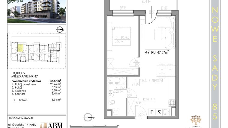 Rzut - Mieszkanie na sprzedaż 2 pokoje o powierzchni 47,71 m² - numer 47 w Nowe Sady 85