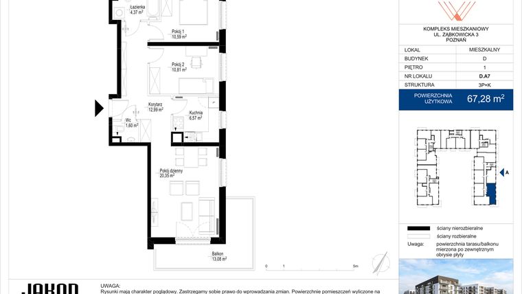 Rzut - Mieszkanie na sprzedaż 3 pokoje o powierzchni 67,28 m² - numer D.A7 w Wieruszowska D
