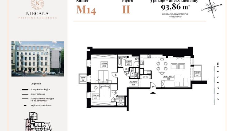 Rzut - Mieszkanie na sprzedaż 3 pokoje o powierzchni 93,86 m² - numer 14 w Niecała Prestige Residence