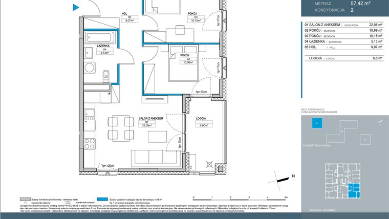 Rzut - Mieszkanie na sprzedaż 3 pokoje o powierzchni 57,42 m² - numer C.2.06 w Nordic Bemowo - etap IV
