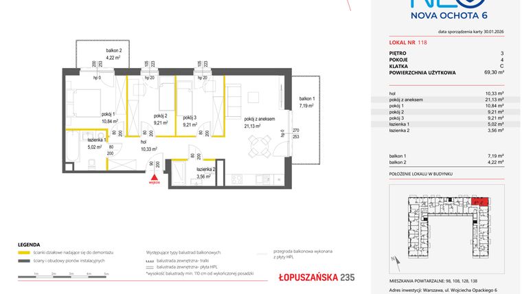 Rzut - Mieszkanie na sprzedaż 4 pokoje o powierzchni 69,3 m² - numer 118 w Neo Nova Ochota 6