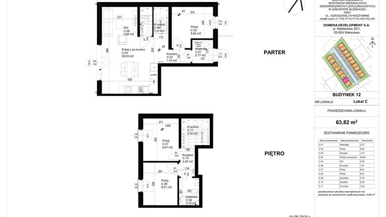 Rzut - Mieszkanie na sprzedaż 4 pokoje o powierzchni 63,82 m² - numer 12C w Osiedle Ogrodowa