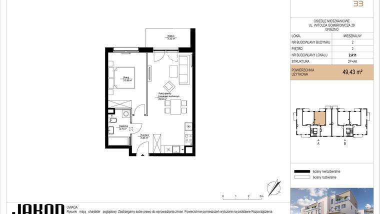 Rzut - Mieszkanie na sprzedaż 2 pokoje o powierzchni 49,43 m² - numer 2.A11 w Gombrowicza 33 - etap II