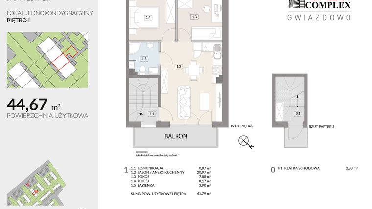 Rzut - Mieszkanie na sprzedaż 3 pokoje o powierzchni 44,67 m² - numer A50.2 w Osiedle Gwiazdowo etap 6B