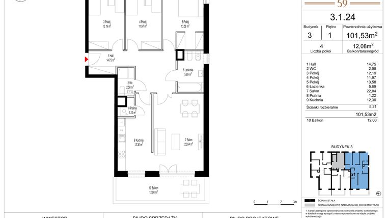 Rzut - Mieszkanie na sprzedaż 4 pokoje o powierzchni 101,53 m² - numer 3.1.24 w Włodarzewska 59