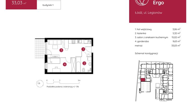 Rzut - Mieszkanie na sprzedaż 1 pokój o powierzchni 33,03 m² - numer 1.C.0.02 w Murapol Ergo