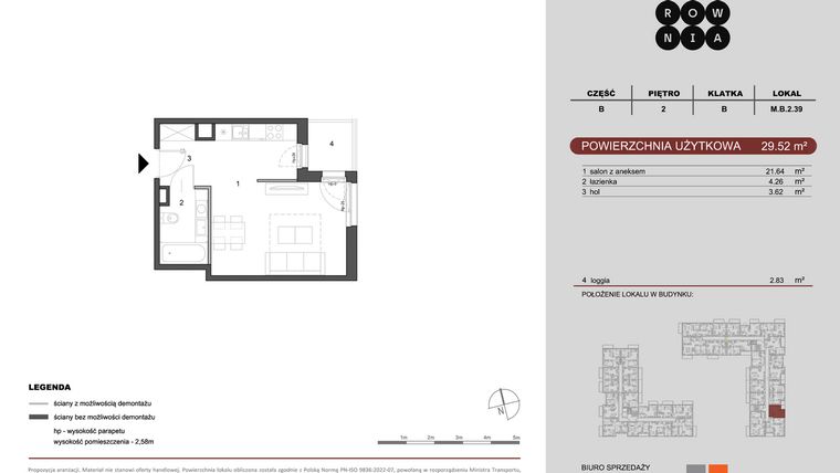 Rzut - Mieszkanie na sprzedaż 1 pokój o powierzchni 29,52 m² - numer M.B.2.039 w CUKROWNIA