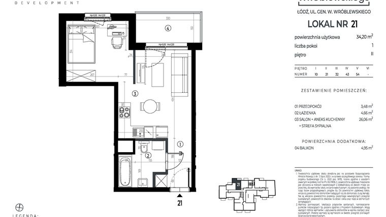 Rzut - Mieszkanie na sprzedaż 1 pokój o powierzchni 34,2 m² - numer A21 w Wróblewskiego