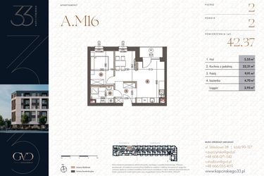 Rzut - Mieszkanie na sprzedaż 2 pokoje o powierzchni 42,37 m² - numer A.M16 w Kopcińskiego 33