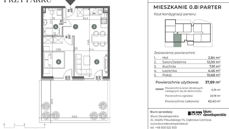Rzut - Mieszkanie na sprzedaż 2 pokoje o powierzchni 37,89 m² - numer 0.B w Willa przy parku