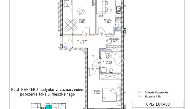 Rzut - Mieszkanie na sprzedaż 2 pokoje o powierzchni 62,3 m² - numer 1 w Osiedle Sady bud. E4