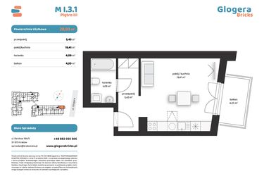 Rzut - Mieszkanie na sprzedaż 1 pokój o powierzchni 28,93 m² - numer M I.3.1 w Glogera Bricks