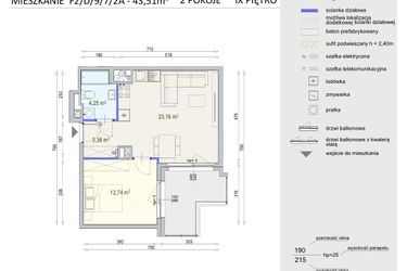 Rzut - Mieszkanie na sprzedaż 2 pokoje o powierzchni 43,51 m² - numer D/9/7/2A w Modern Mokotów bud. F1 i F2
