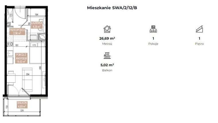 Rzut - Mieszkanie na sprzedaż 1 pokój o powierzchni 26,7 m² - numer SWA/2/12/B w Apartamenty Świeradowska