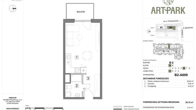 Rzut - Mieszkanie na sprzedaż 1 pokój o powierzchni 29,41 m² - numer B.2.A609 w ArtPark