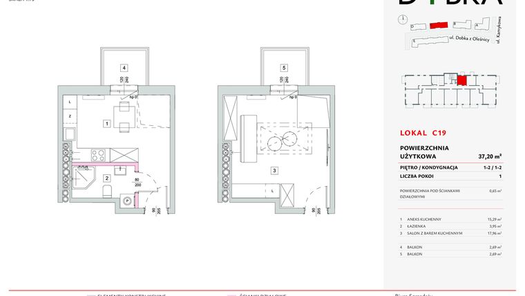 Rzut - Mieszkanie na sprzedaż 1 pokój o powierzchni 37,2 m² - numer C19 w Dobka