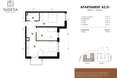 Rzut - Mieszkanie na sprzedaż 3 pokoje o powierzchni 56,79 m² - numer A 2.51 w Apartamenty Sudetia