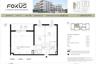 Rzut - Mieszkanie na sprzedaż 3 pokoje o powierzchni 65,85 m² - numer B1-10 w Fokus Bielany