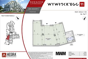 Rzut - Lokal użytkowy na sprzedaż 3 pokoje o powierzchni 82,21 m² - numer LU2 w Apartamenty Wywrockiego 11