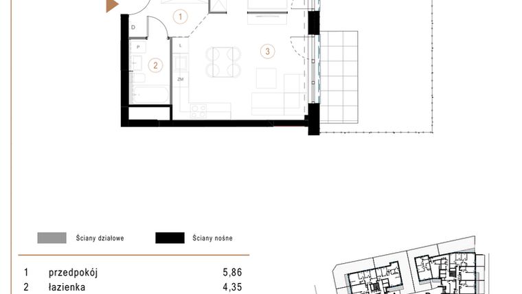 Rzut - Mieszkanie na sprzedaż 1 pokój o powierzchni 41,07 m² - numer D02 w Osiedle Józefowska