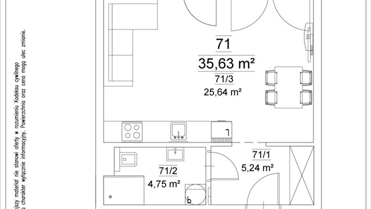 Rzut - Mieszkanie na sprzedaż 1 pokój o powierzchni 35,63 m² - numer 71 w Osiedle Teatralne 19