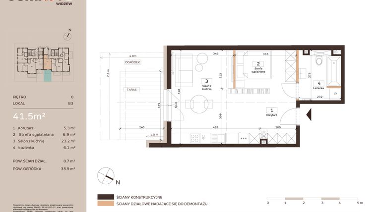 Rzut - Mieszkanie na sprzedaż 1 pokój o powierzchni 41,5 m² - numer B3 w Domkove Widzew