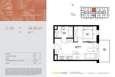 Rzut - Mieszkanie na sprzedaż 2 pokoje o powierzchni 34,95 m² - numer M19_NF.c w Nowe Flisy II