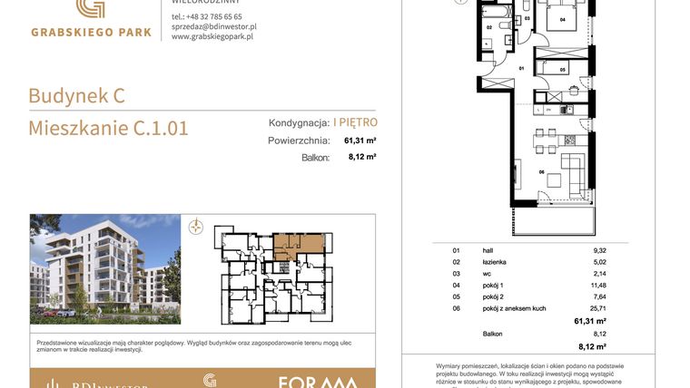 Rzut - Mieszkanie na sprzedaż 3 pokoje o powierzchni 61,31 m² - numer C.1.01 w Grabskiego Park