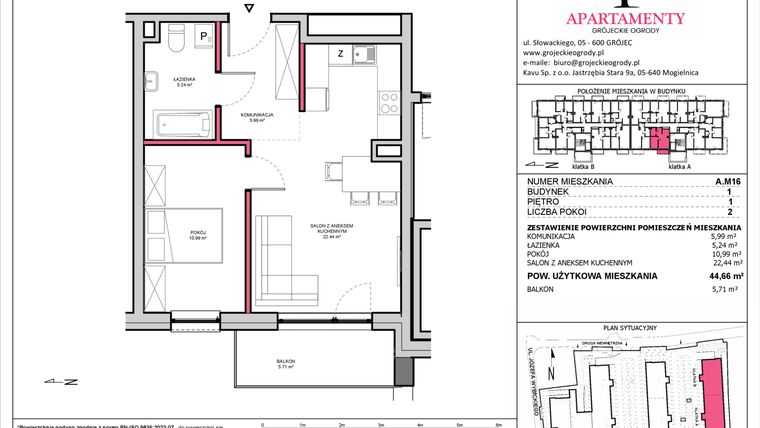 Rzut - Mieszkanie na sprzedaż 2 pokoje o powierzchni 44,66 m² - numer A.16 w Apartamenty Grójeckie Ogrody
