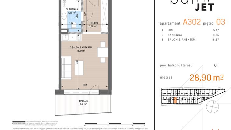 Rzut - Mieszkanie na sprzedaż 1 pokój o powierzchni 29,02 m² - numer A302 w Baltic Jet