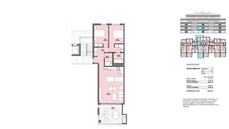 Rzut - Mieszkanie na sprzedaż 2 pokoje o powierzchni 77,77 m² - numer 1-C w Mieszkania w Torre-Pacheco - 81297711
