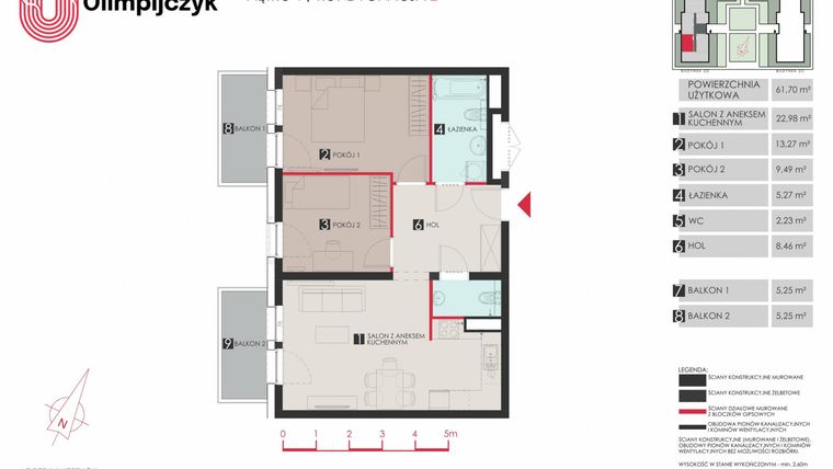 Rzut - Mieszkanie na sprzedaż 3 pokoje o powierzchni 61,71 m² - numer D39 w Osiedle Olimpijczyk II etap