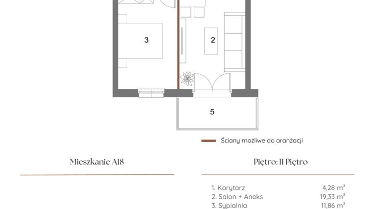 Rzut - Mieszkanie na sprzedaż 2 pokoje o powierzchni 39,96 m² - numer A18 w Dąbrowskiego 9