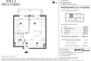 Rzut - Mieszkanie na sprzedaż 2 pokoje o powierzchni 39,37 m² - numer 2.E w Willa przy parku
