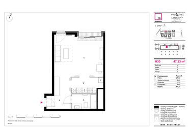Rzut - Mieszkanie na sprzedaż 1 pokój o powierzchni 47,33 m² - numer H30 w 19. Dzielnica Etap V