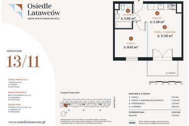 Rzut - Mieszkanie na sprzedaż 2 pokoje o powierzchni 33,52 m² - numer D13-11 w Osiedle Latawców