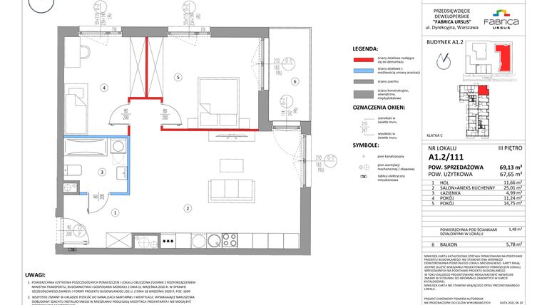 Rzut - Mieszkanie na sprzedaż 3 pokoje o powierzchni 67,52 m² - numer A1.2/111 w Fabrica URSUS