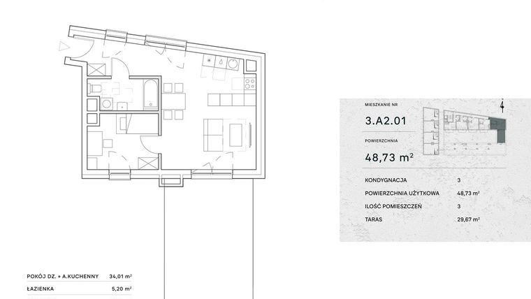 Rzut - Mieszkanie na sprzedaż 2 pokoje o powierzchni 48,73 m² - numer 3.A2.01 w Żernicka Park