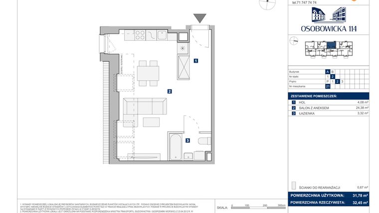 Rzut - Mieszkanie na sprzedaż 1 pokój o powierzchni 31,78 m² - numer A.21 w Osobowicka 114