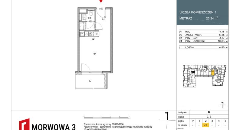 Rzut - Mieszkanie na sprzedaż 1 pokój o powierzchni 23,24 m² - numer 72 w Morwowa 3 - Apartamenty Inwestycyjne