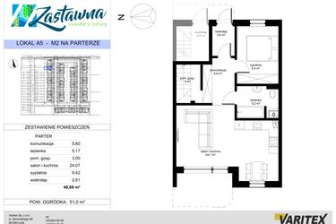 Rzut - Mieszkanie na sprzedaż 2 pokoje o powierzchni 49,88 m² - numer A.5 w Zastawna OdNova