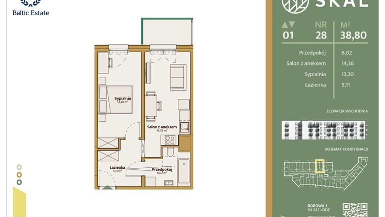 Rzut - Mieszkanie na sprzedaż 2 pokoje o powierzchni 38,8 m² - numer M.28 w Skal