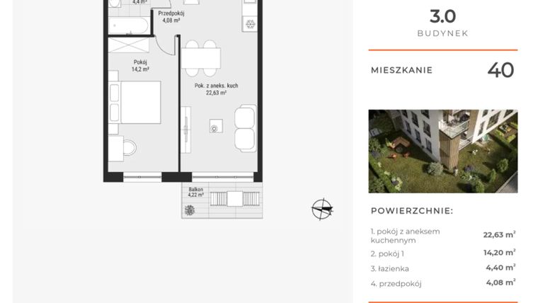 Rzut - Mieszkanie na sprzedaż 2 pokoje o powierzchni 45,31 m² - numer 40 w Bytkowska 3.0