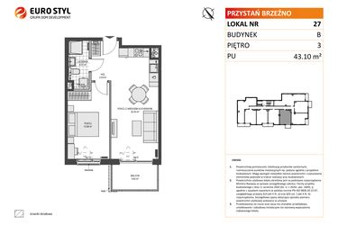 Rzut - Mieszkanie na sprzedaż 2 pokoje o powierzchni 43,1 m² - numer B27 w Przystań Brzeźno etap 1.2